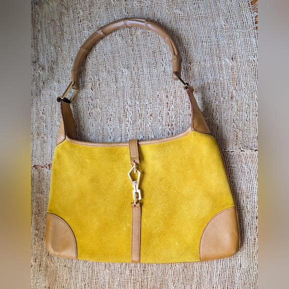 GUCCI • Jackie Suede Leather Bamboo Handle Hobo Bag in Gold - Picture 1 of 7